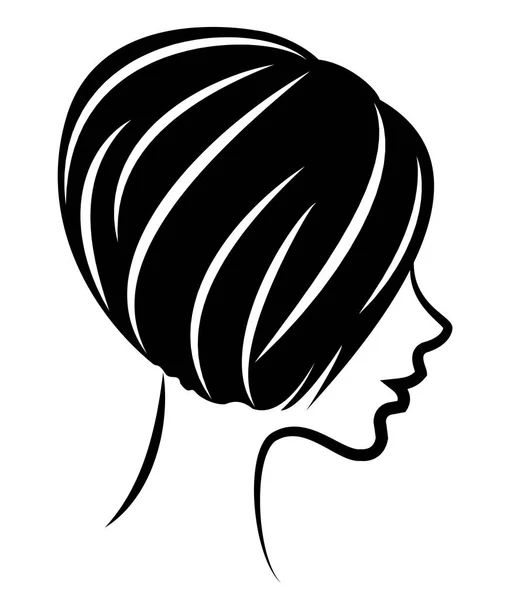 Silueta de la cabeza de una linda dama. La chica muestra el cuidado del peinado bob con el pelo corto y medio. Adecuado para logotipo, publicidad. Ilustración vectorial . — Vector de stock