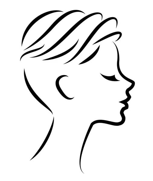 Silhueta da cabeça de uma senhora bonita. A menina mostra o cuidado penteado bob com cabelo curto e médio. Adequado para logotipo, publicidade. Ilustração vetorial . —  Vetores de Stock