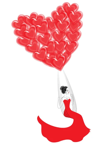 Jovencita bonita. Una chica está volando en globos rojos en forma de corazón. Fantasía para San Valentín. Ilustración vectorial — Vector de stock