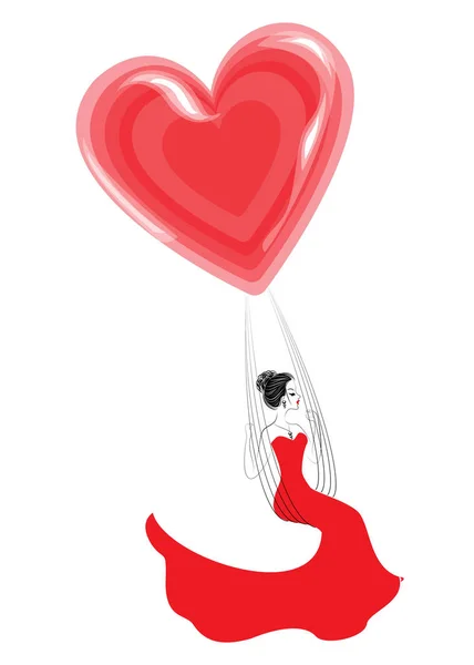 Encantadora jovencita con un vestido rojo. Una chica se sienta en un columpio y vuela en un globo en forma de corazón. Ilustración vectorial — Vector de stock