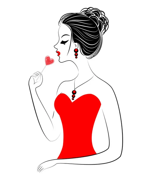 Kırmızı elbiseli tatlı bir bayanın silueti. Bir kız şeker yiyor, kalp şeklinde kırmızı bir lolipop. Sevgililer Günü için bir hediye. Vektör çizimi