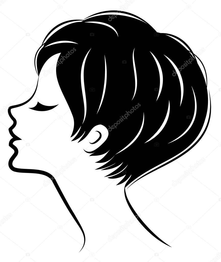 Silhouette of the head of a cute lady. The girl shows the hairstyle bob care with short and medium hair. Suitable for logo, advertising. Vector illustration.