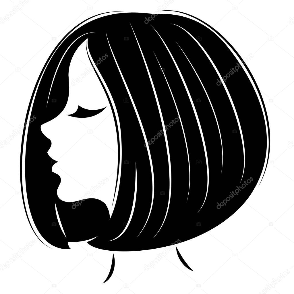 Silhouette of a head of a sweet lady. The girl shows her hairstyle on long and medium hair. The woman is beautiful and stylish. Vector illustration.