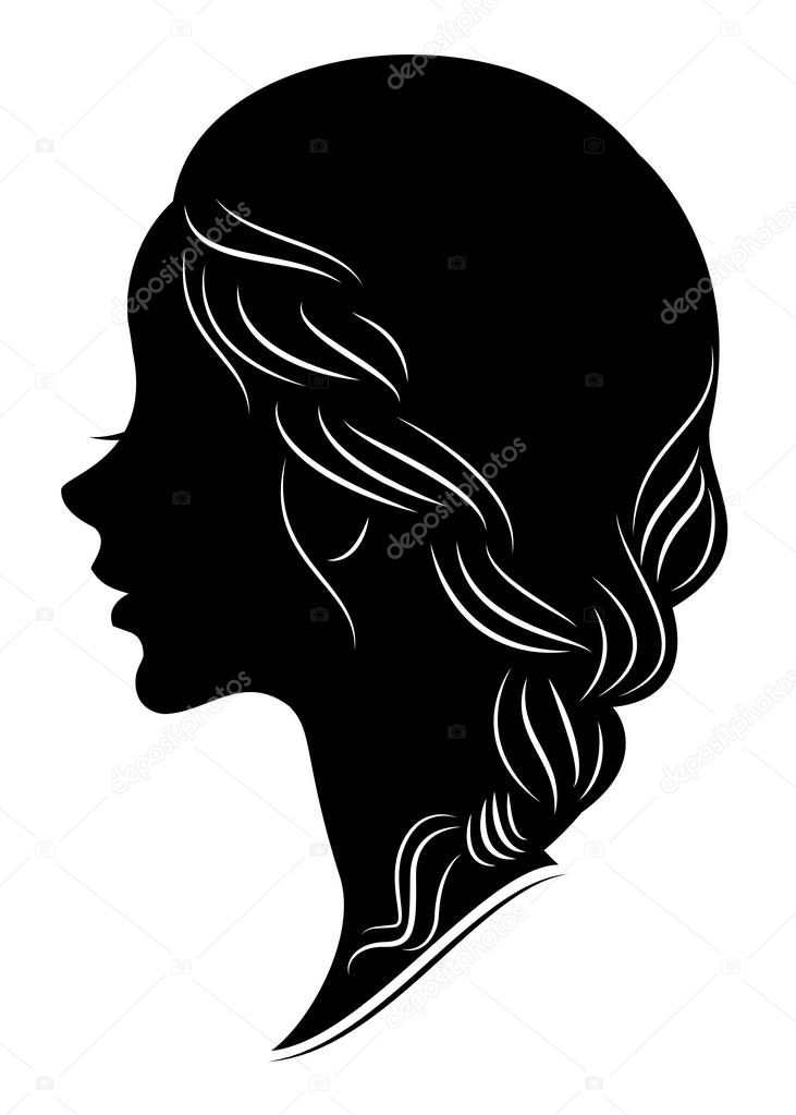 Silhouette profile of a cute lady s head. The girl shows the female hairstyle braid on long and medium hair. Suitable for advertising, logo. Vector illustration.