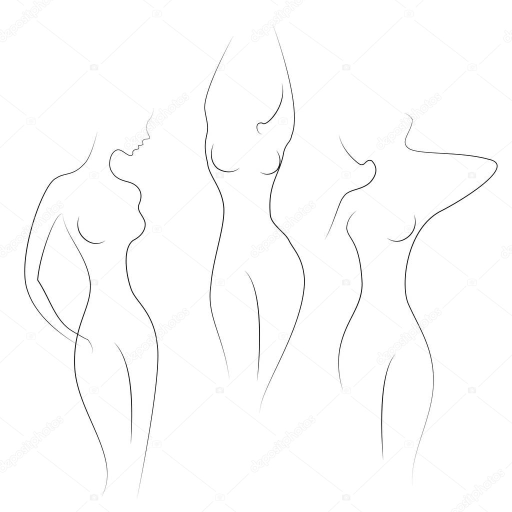 Silhouettes of lovely ladies. Beautiful girls stand in different poses. The figures of women are nude, feminine and slender. Vector illustration.