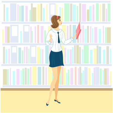 Kütüphanede kız öğrenci. İyi bir kız ders için kitaplara bakıyor. Dolaptaki bir sonraki rafta kitaplar var. Vektör çizimi