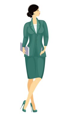 Elinde defter olan bir iş kadını. Sıkı takım elbiseli güzel bir kız. Bir kadın duruyor, yüksek topuklu ayakkabılar la kaplı. Vektör çizimi.