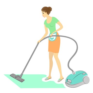 Tatlı bir bayanProfili. Kız bir elektrik süpürgesi ile odada toz kaldırır. Bir kadın iyi bir eş ve düzgün bir ev hanımıdır. Vektör çizimi