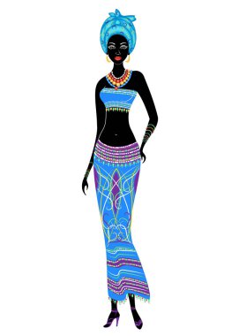 İnce güzel Afro-Amerikan bayan. Kızın parlak kıyafetleri var, kafasında sarık var. Kadın ince ve güzel. Vektör çizimi