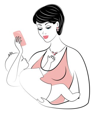 Tatlı bir bayanProfili. Kızın silueti, bebeği kollarına tutar. Genç ve güzel bir kadın. Mutlu annelik. Kalp şeklinde çerçeve. Vektör çizimi