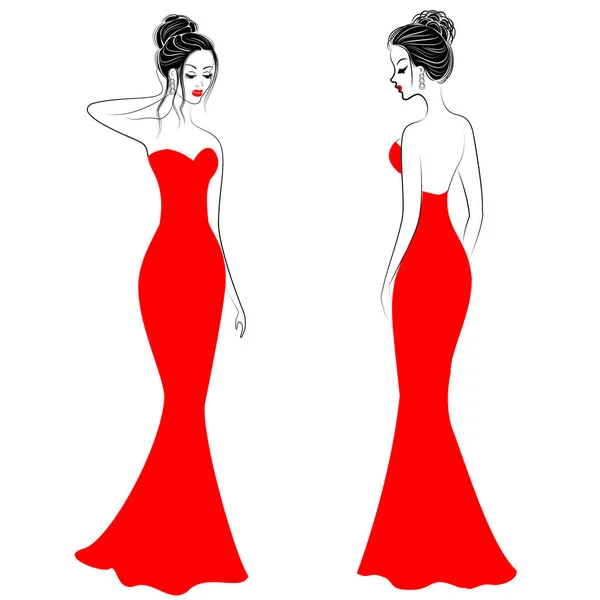 Siluetas de señoras lindas en vestidos festivos rojos. Las chicas muestran un estilo para fusionarse por delante y por detrás. Los modelos son delgados y femeninos. Ilustración vectorial — Vector de stock