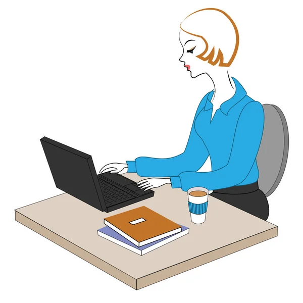 Profil einer süßen Dame. junges Mädchen bei der Arbeit im Büro sitzt an einem Tisch und arbeitet am Computer. Vektorillustration — Stockvektor