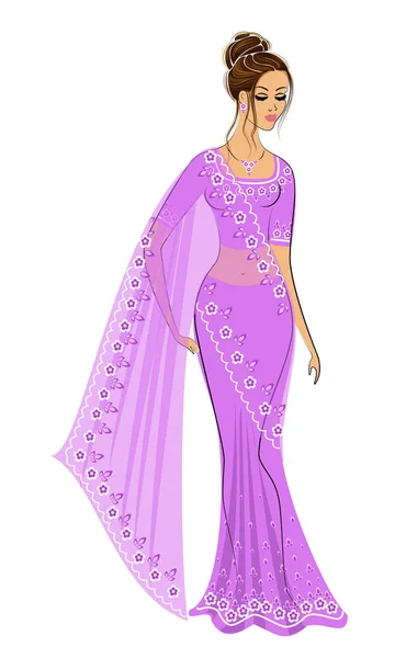 Silhouet is een lieve dame. Het meisje is gekleed in een traditionele Sari, nationale Indiase kleding. Jonge en mooie vrouw. Vector illustratie — Stockvector