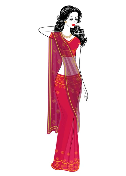 Silueta je sladká dáma. Dívka je oblečená v tradičních Sari, národních indických šatech. Mladá a krásná žena. Vektorová ilustrace — Stockový vektor