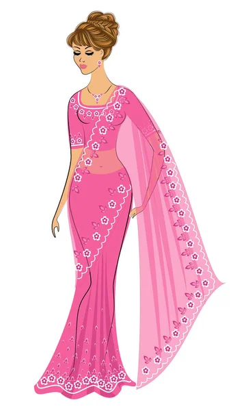 Silhouet is een lieve dame. Het meisje is gekleed in een traditionele Sari, nationale Indiase kleding. Jonge en mooie vrouw. Vector illustratie — Stockvector