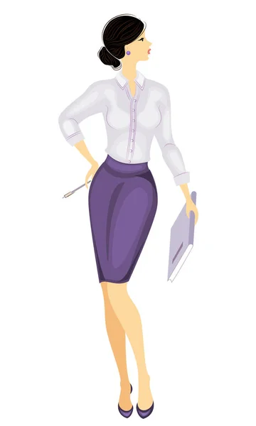 Una mujer de negocios sosteniendo un cuaderno. Hermosa chica en una blusa y falda estrictas. Una mujer está parada, calzada con zapatos de tacón alto. Ilustración vectorial . — Archivo Imágenes Vectoriales