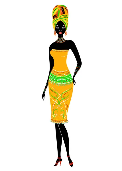 Slender beautiful African-American lady. The girl has bright clothes, a turban on her head. The woman is slender and beautiful. Vector illustration — Stock Vector