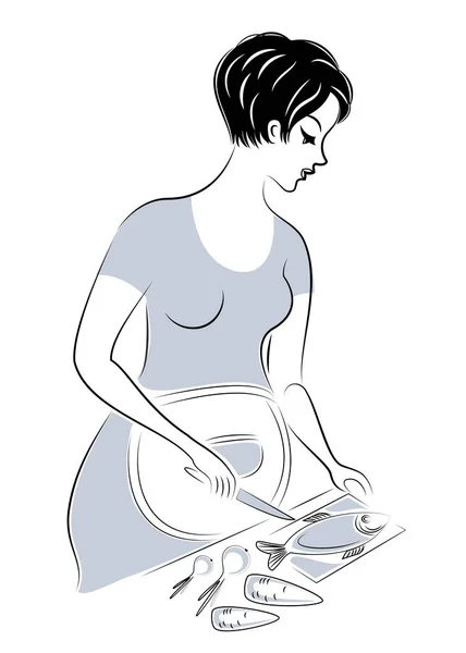 Profil einer schönen schwangeren Frau. Das Mädchen bereitet Futter zu, putzt die Fische. die Frau ist eine gute Frau und eine gepflegte Hausfrau, eine Magd. Vektorillustration — Stockvektor