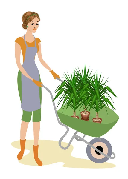 A nice lady in work clothes. The girl is carrying a garden wheelbarrow with flowerpots with a yucca plant. A woman works as a gardener in a garden or conservatory. Vector illustration — Stock Vector