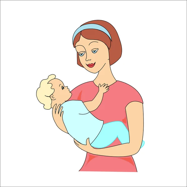 Genç anne bebeğine özen ve sevgiyle sarılıyor. Anne ve güneş. Vektör illüstrasyonu — Stok Vektör