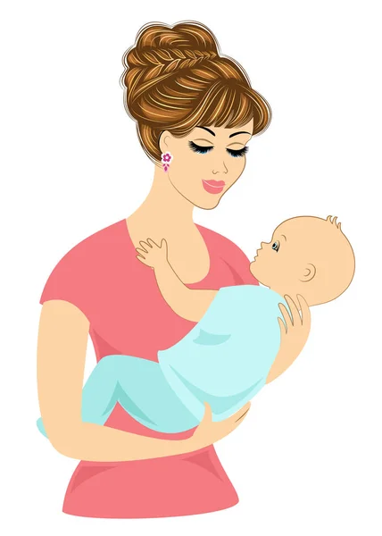 Profiel van een lieve dame. Silhouet van het meisje, ze houdt de baby in haar armen. Een jonge en mooie vrouw. Gelukkig moederschap. Frame in de vorm van hart. Vector illustratie — Stockvector