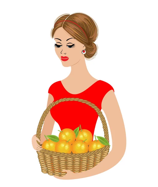 Eine süße Dame hält einen Korb mit Orangen in der Hand. reife und süße Früchte. Das Mädchen ist jung und schön. Vektorillustration — Stockvektor