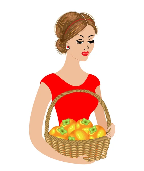 Eine süße Dame hält einen Korb mit Kaki in der Hand. reife und süße Orangenfrüchte. Das Mädchen ist jung und schön. Vektorillustration — Stockvektor