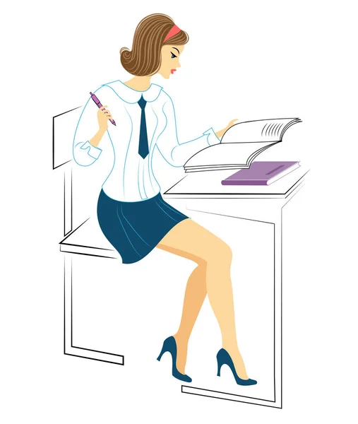 Una joven colegiala se sienta en un escritorio. La chica hace la tarea, escribe en el cuaderno. La señora es muy agradable. Ilustración vectorial — Vector de stock