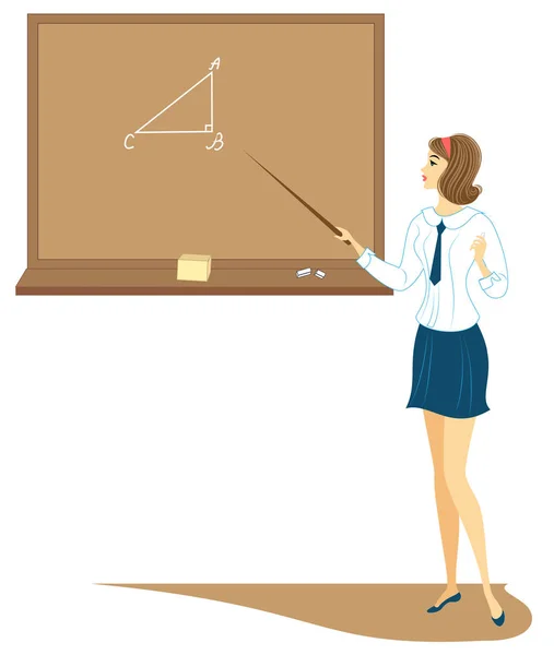 Young schoolgirl in class. The girl is standing near the blackboard and is telling the assignment. The lady is very nice. Vector illustration — Stock Vector