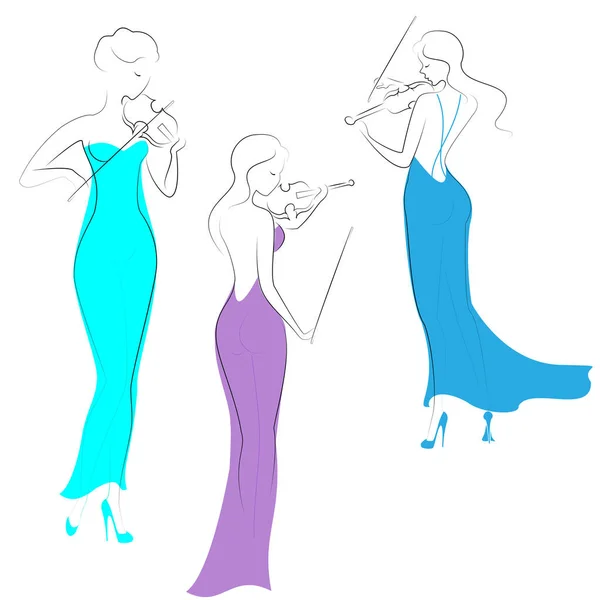 Siluetas de tres hermosas damas en vestidos largos de noche. Las niñas son delgadas y elegantes. Las mujeres tocan violines, son músicos, violinistas. Ilustración vectorial — Vector de stock