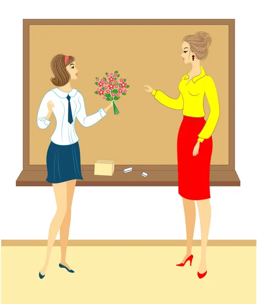 Una joven colegiala con flores. La niña le da un ramo al maestro en la escuela, en el aula, cerca de la junta. La mujer es hermosa y joven. Ilustración vectorial — Vector de stock