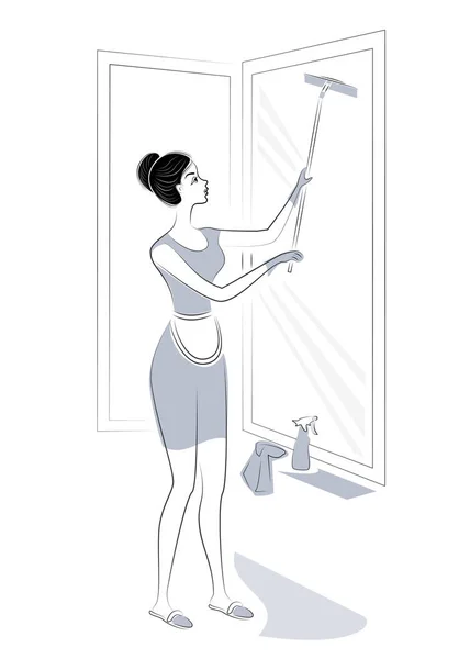 Profil sladké dámy. Holka myje okna. Žena je dobrá žena a elegantní žena v domácnosti. Vektorová ilustrace — Stockový vektor