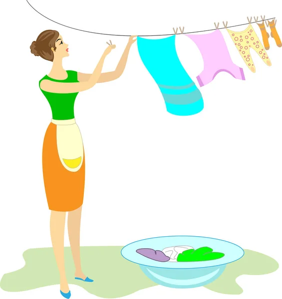 Profil seorang wanita manis. Gadis itu mencuci pakaiannya dan menggantungnya di tali kering. Seorang wanita yang rapi dan ibu rumah tangga yang baik. Ilustrasi vektor - Stok Vektor