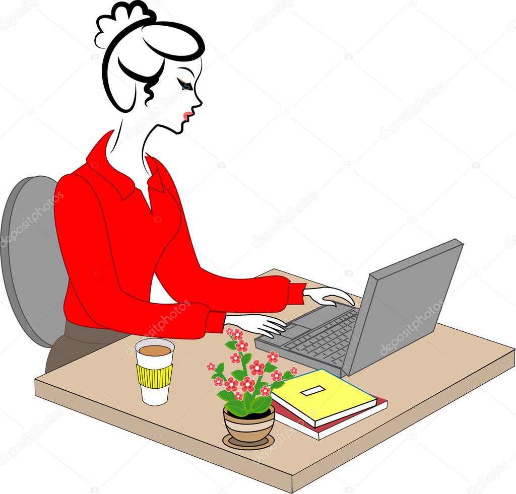 Profile of a sweet lady. Young girl at work in the office sits at a table and works at the computer. Vector illustration