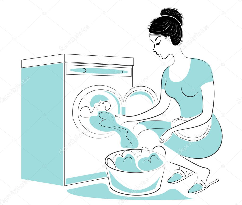 Profile of a sweet lady. The girl is washing on the washing machine, laying dirty laundry. A woman is a good wife and a neat housewife. Vector illustration