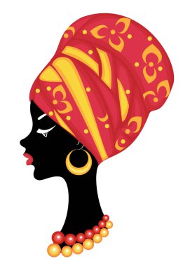 Sevimli bir bayanın baş profili. Afro-Amerikalı bir kızın kafasına parlak bir mendil, sarık astı. Kadın güzel ve şık. Vektör çizimi.