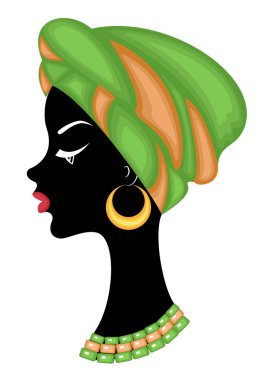 Sevimli bir bayanın baş profili. Afro-Amerikalı bir kızın kafasına parlak bir mendil, sarık astı. Kadın güzel ve şık. Vektör çizimi.