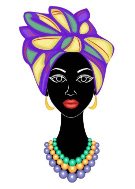 İyi bir bayanın başı. Afro-Amerikalı bir kızın kafasına parlak bir mendil, sarık astı. Kadın güzel ve şık. Vektör çizimi.