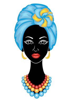 İyi bir bayanın başı. Afro-Amerikalı bir kızın kafasına parlak bir mendil, sarık astı. Kadın güzel ve şık. Vektör çizimi.