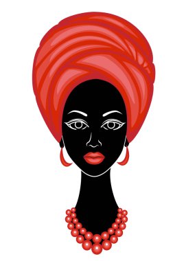 İyi bir bayanın başı. Afro-Amerikalı bir kızın kafasına parlak bir mendil, sarık astı. Kadın güzel ve şık. Vektör çizimi.
