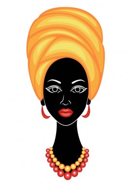 İyi bir bayanın başı. Afro-Amerikalı bir kızın kafasına parlak bir mendil, sarık astı. Kadın güzel ve şık. Vektör çizimi.
