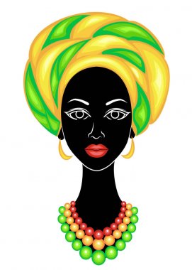 İyi bir bayanın başı. Afro-Amerikalı bir kızın kafasına parlak bir mendil, sarık astı. Kadın güzel ve şık. Vektör çizimi.