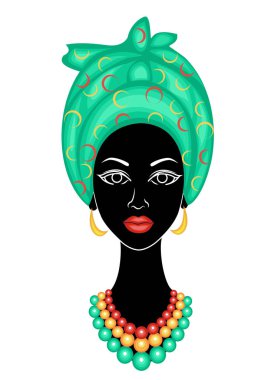 İyi bir bayanın başı. Afro-Amerikalı bir kızın kafasına parlak bir mendil, sarık astı. Kadın güzel ve şık. Vektör çizimi.