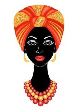 İyi bir bayanın başı. Afro-Amerikalı bir kızın kafasına parlak bir mendil, sarık astı. Kadın güzel ve şık. Vektör çizimi.