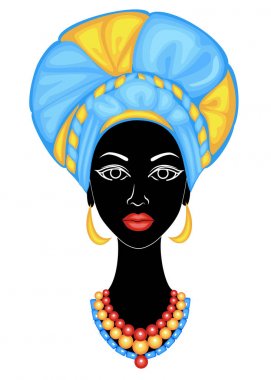 İyi bir bayanın başı. Afro-Amerikalı bir kızın kafasına parlak bir mendil, sarık astı. Kadın güzel ve şık. Vektör çizimi.