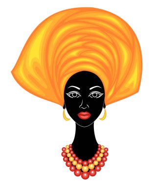 İyi bir bayanın başı. Afro-Amerikalı bir kızın kafasına parlak bir mendil, sarık astı. Kadın güzel ve şık. Vektör çizimi.