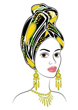 Tatlı bir bayanın kafasının silueti. Parlak bir şal ve bir türban Bir Afrikalı-Amerikalı kızın kafasına bağlı. Kadın güzel ve şık. Vektör çizimi