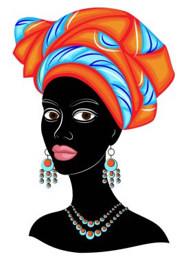 İyi bir bayanın başı. Afro-Amerikalı bir kızın kafasına parlak bir mendil, sarık astı. Kadın güzel ve şık. Vektör çizimi.