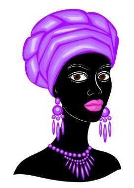 İyi bir bayanın başı. Afro-Amerikalı bir kızın kafasına parlak bir mendil, sarık astı. Kadın güzel ve şık. Vektör çizimi.