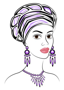 Tatlı bir bayanın kafasının silueti. Parlak bir şal ve bir türban Bir Afrikalı-Amerikalı kızın kafasına bağlı. Kadın güzel ve şık. Vektör çizimi